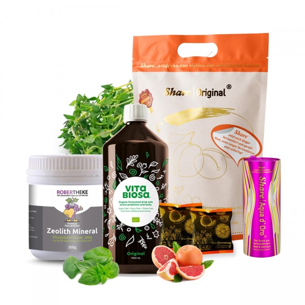 Share Original® Pflaume 33er, 1000ml Vita Biosa, Share Aqua d‘Oro® & Zeolith-Mineral | Klinoptilolith Pulver 300g
