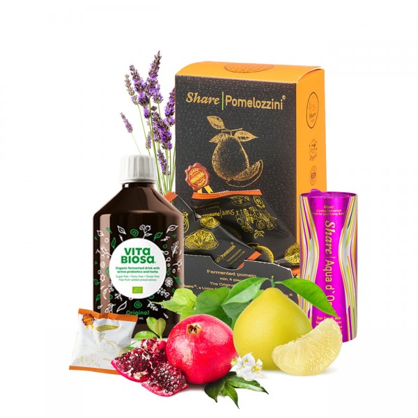 SharePomelozzini® Pralinen 4er, 500ml Vita Biosa, 1 x ShareAqua d‘Oro® & 1 x Share Original® Pflaumen